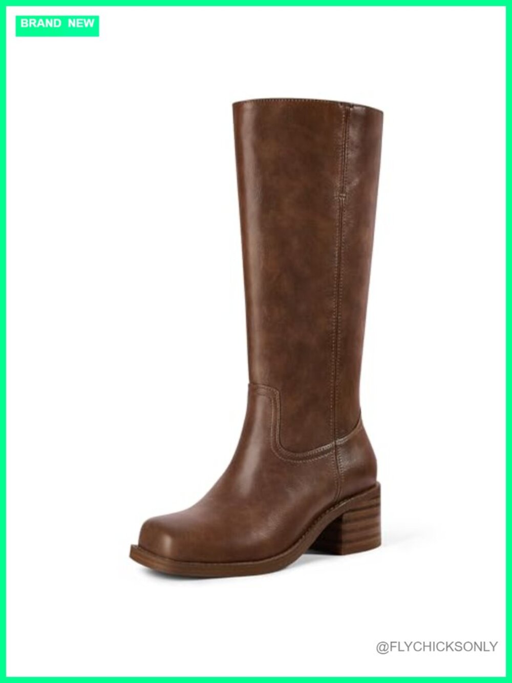 Knee High Boots Women Wide Calf Faux Leather Pull On Square Toe Block Heel